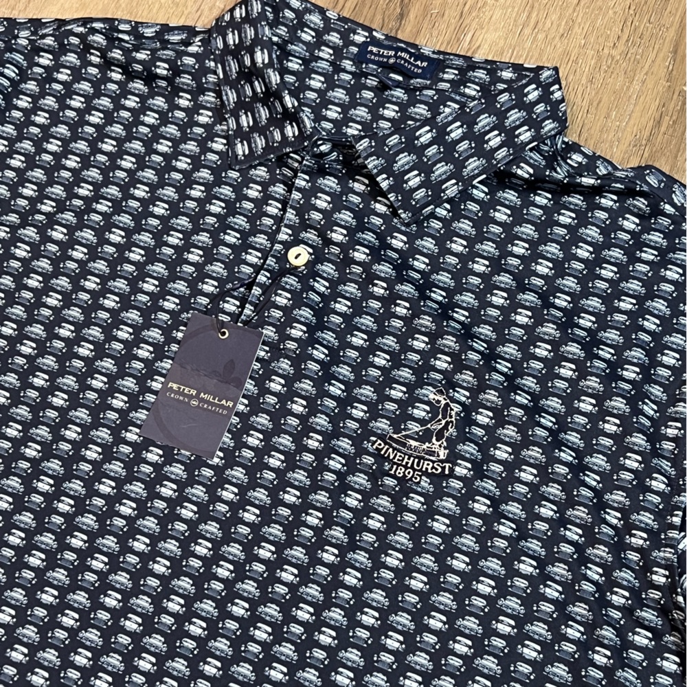 NWT XL Peter Millar Crown Crafted Pinehurst CC PGA US Open Car Pattern Navy Polo - Picture 2 of 8